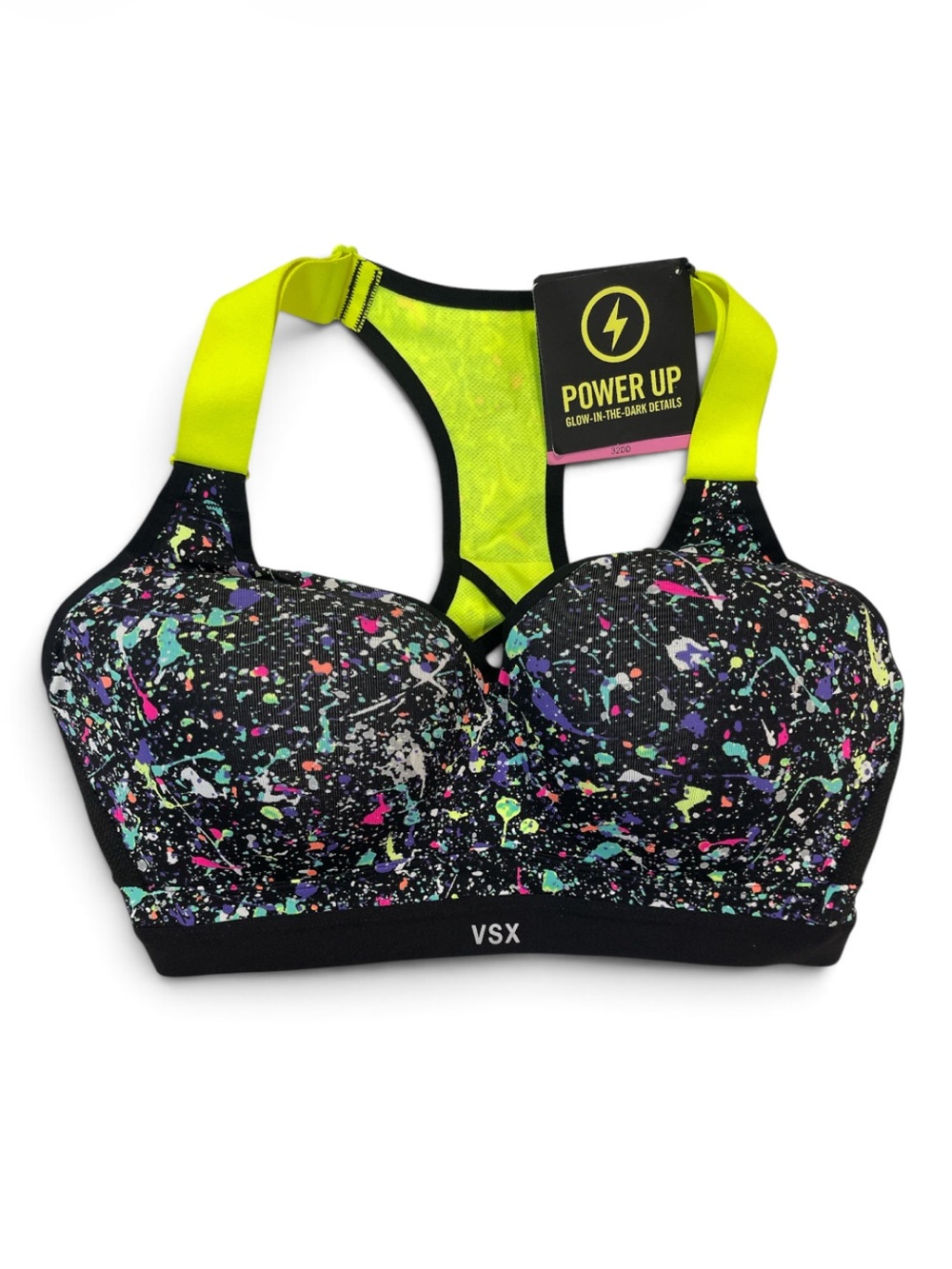 VSX Incredible Sports Bra Neon Splatter Black Racerback | 32DD | NWT